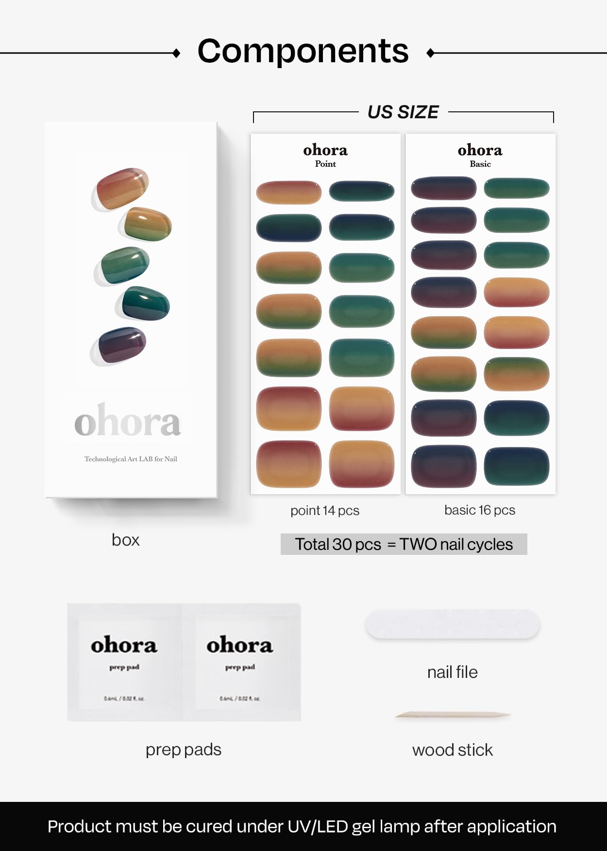 ohora Semi Cured Gel Nail Strips (N Autumn Ombre) - Green/Brown, Works with Any UV/LED Lamps, Salon-Quality, Long Lasting, Easy to Apply & Remove - Includes 2 Prep Pads, Nail File & Wooden Stick