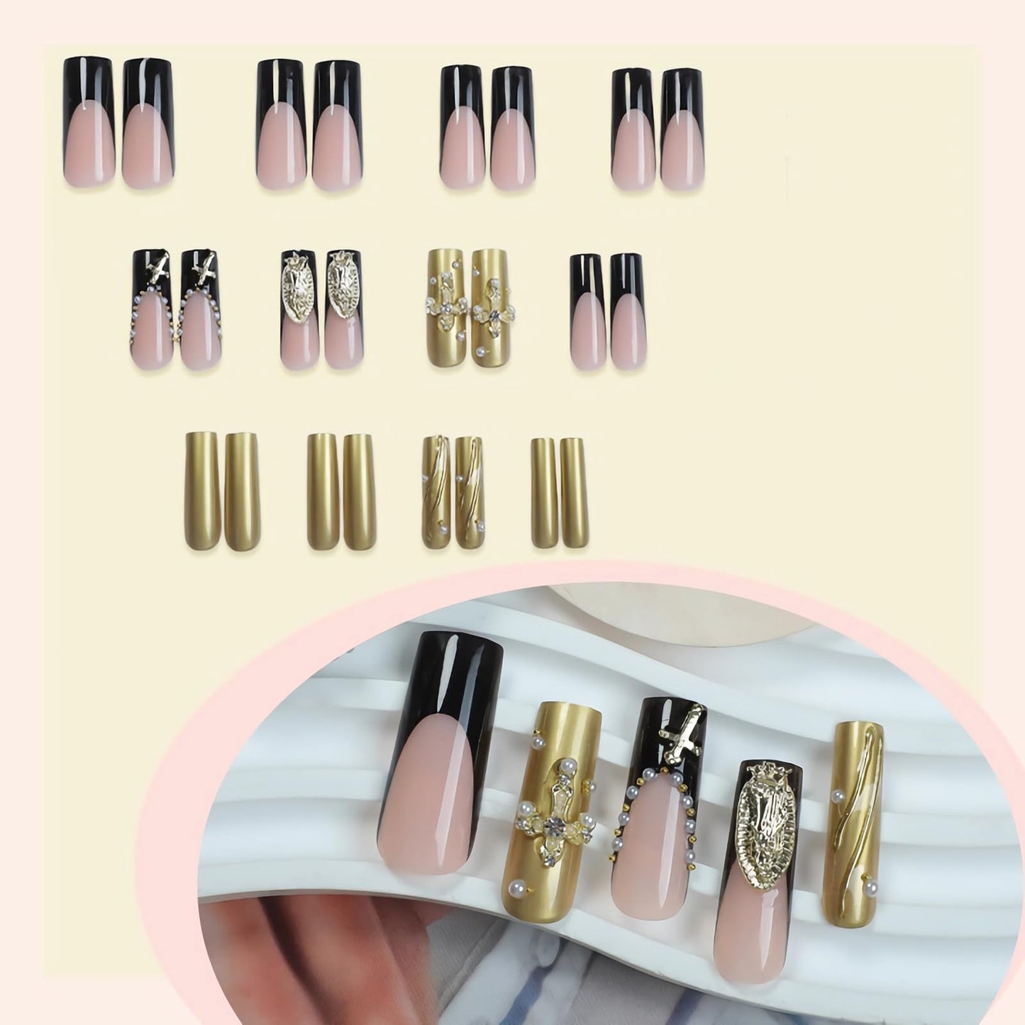 BABALAL Press on False Nails Long Square Fake Nails Black and Gold Chrome Gothic Glue on Cross Charm Luxury 3d Design French Tip Acrylic 24Pcs Y2k Handmade Custom Full Cover Gel Nails