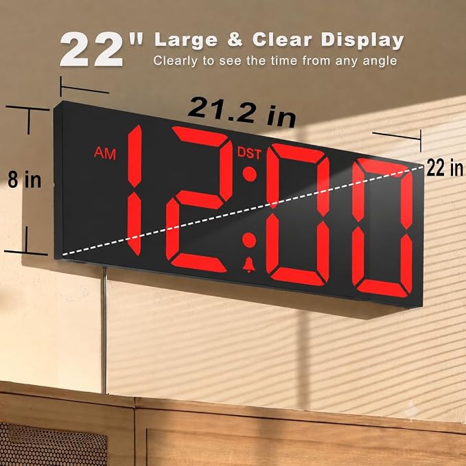 JALL 22" Large Digital Wall Clock, Big LED Display with Night Light, Auto Dimming & DST, Giant Alarm Clock for Seniors, Elderly Parents, Gift for Mom Dad (Black Shell Red Font)