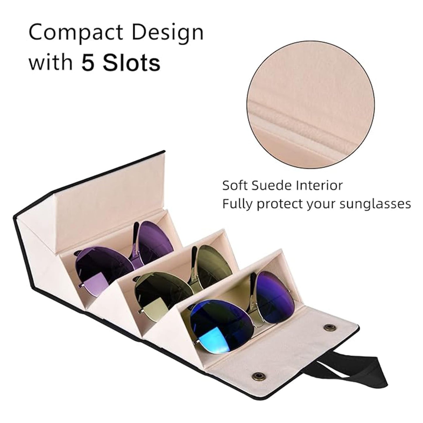 MEGREZ 5 Slots Sunglasses Organizer Box, PU Leather Foldable Woman Eyeglass Case Eyeglass Organizer Storage, Multiple Sunglass Holder for Travel, Black