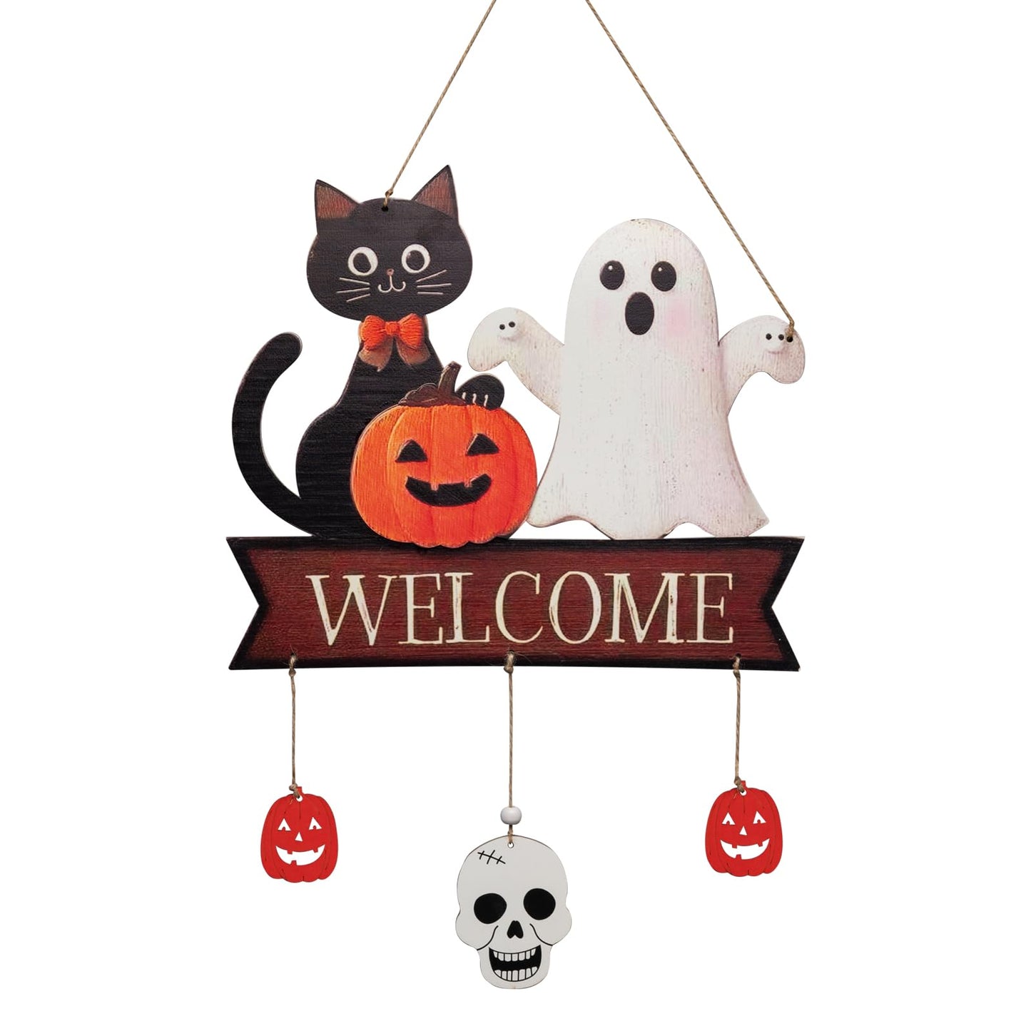 Halloween Welcome Sign Hanging Wood Decor - Spooky Ghost, Black Cat, Pumpkin & Skull for Front Door Wall Decorations with 3 Pendant (Pumpkin, Skull, Pumpkin), Indoor Outdoor Fall Party Supplies