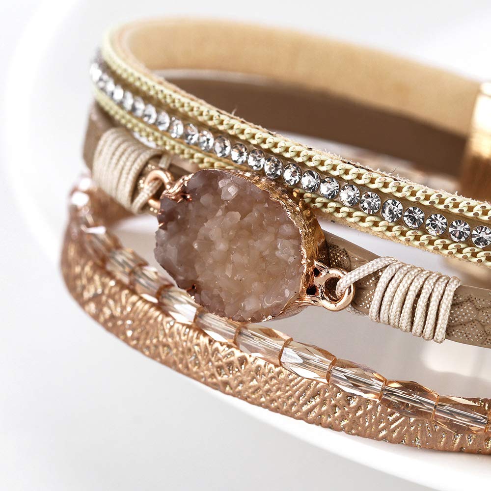 Fesciory Leopard Bracelet for Women, Boho Leather Wrap Multi-Layer Pearl Crystal Bracelet Bangle Jewelry(Stone(Short))