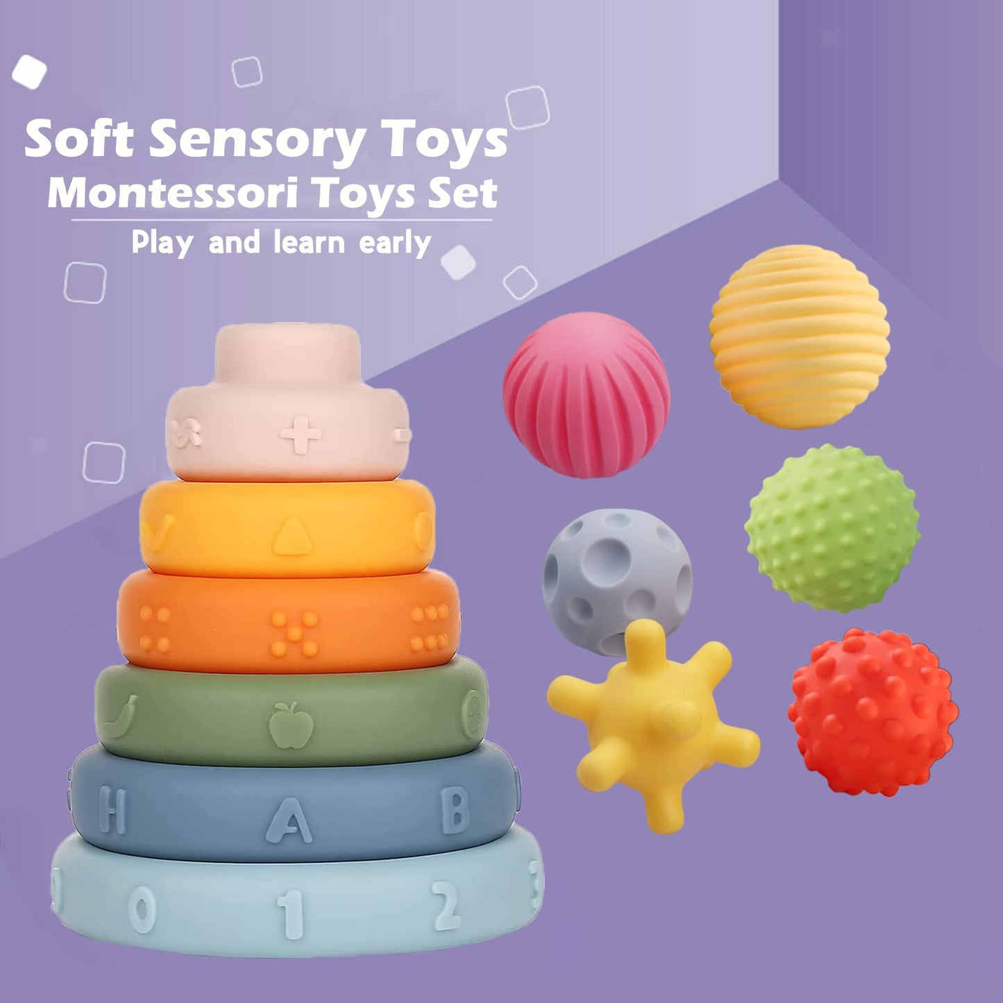 Weilim Montessori Toys Soft Stacking Building Blocks Rings Balls Sets 3 in 1 Baby Toys Bundle for Babies Sensory for Toddlers Teething Bath for Infants Learning Education Toy