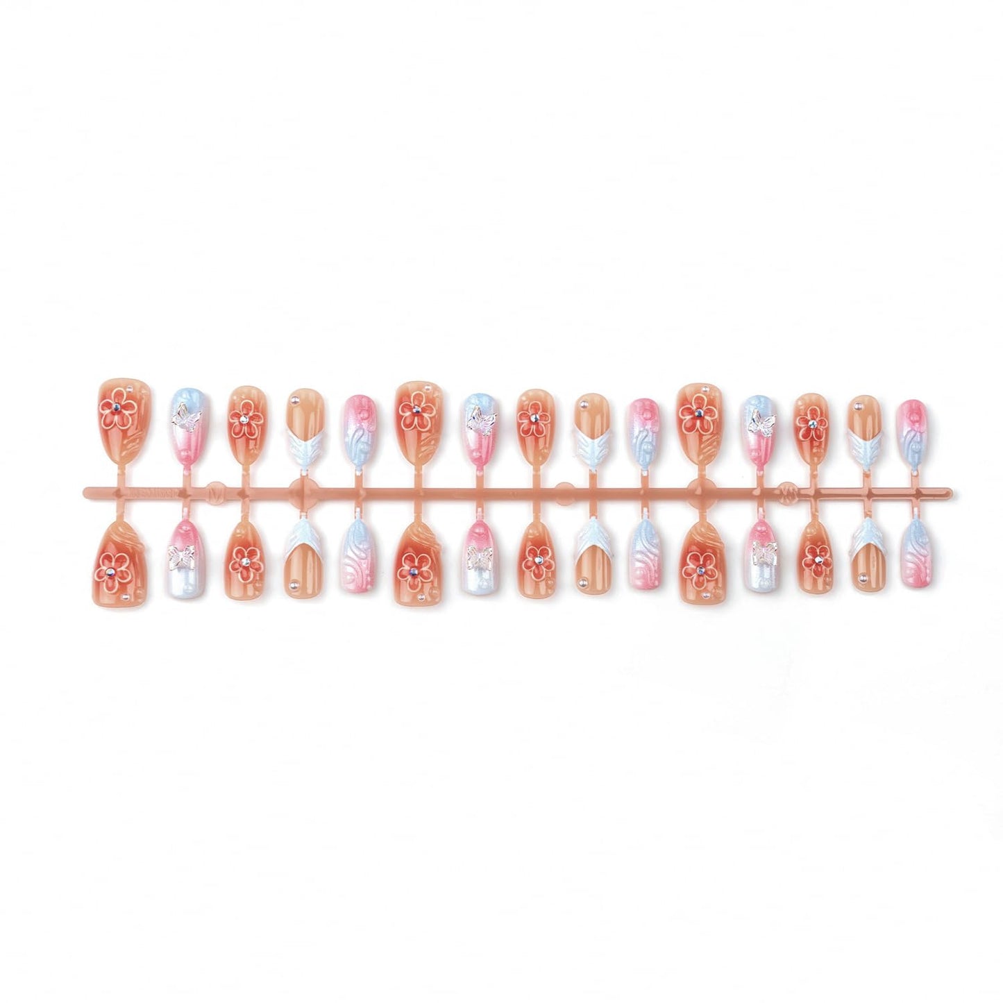 30Pcs Summer Press on Nails Medium Almond Fake Nails 3D Butterfly Flower Design Colorful French Tip False Nails Rhinestone Acrylic Nails Water Ripples Pink Gradient Flowers Stick on Nails for Women