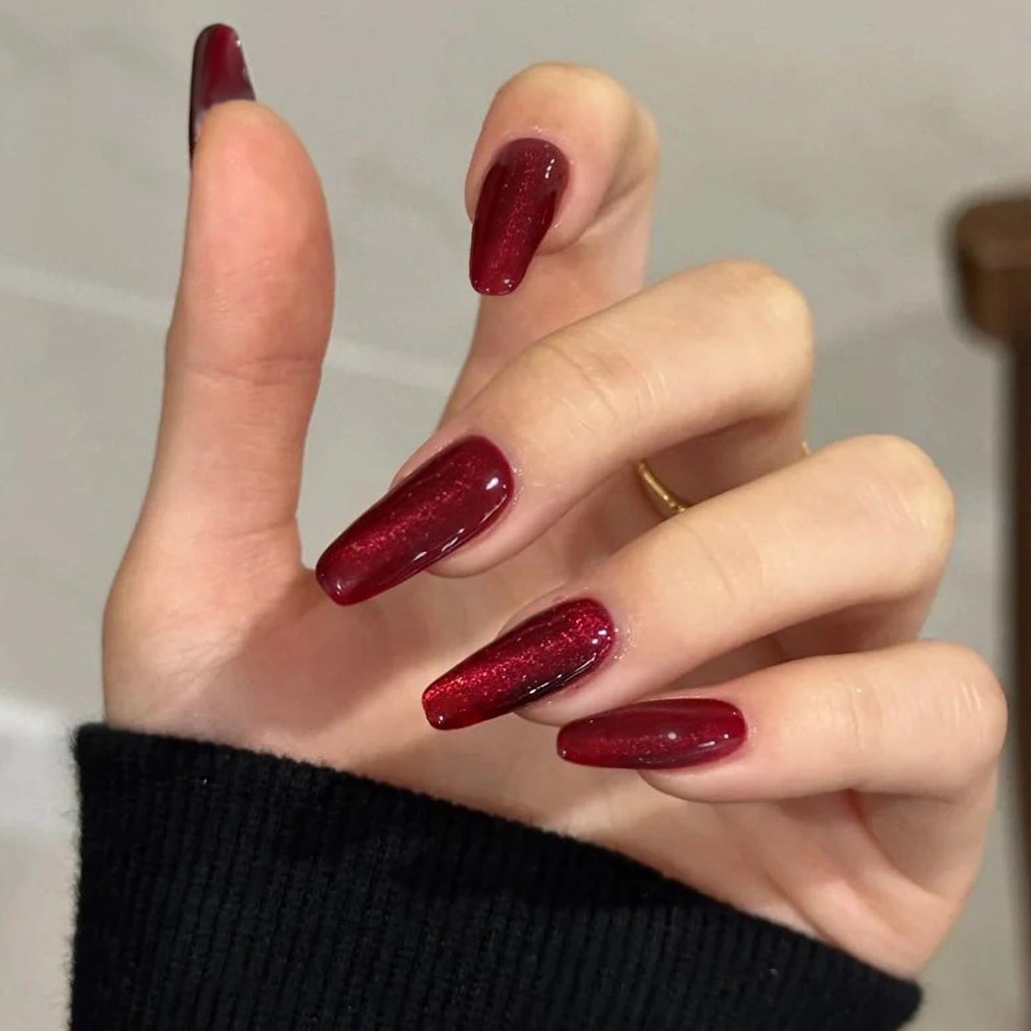 MISUD Press on Nails - Long Coffin Fake Nails with Red Cat Eye, Acrylic Bling Design 30 pcs