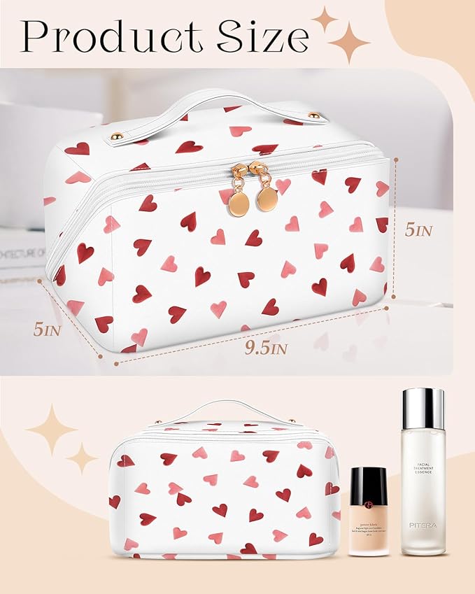 Bistup Makeup Bag Travel Cosmetic Bag Toiletry Make Up Bags Cute Women Large Capacity Big Medium Leather Teen Girls Teenage Kawaii Heart Foldable Expandable Open Flat Zip