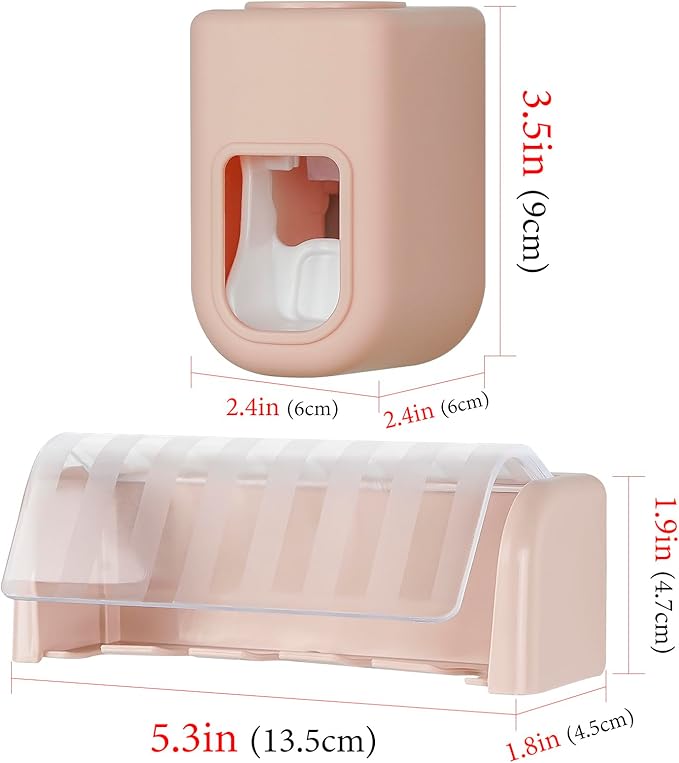 5 Slots Wall Mount Toothbrush Holder with Cover, Self Adhesive Toothbrush Storage Organizer for Shower, Toothbrush Hanger with Automatic Toothpaste Squeezer Dispenser (Pink)