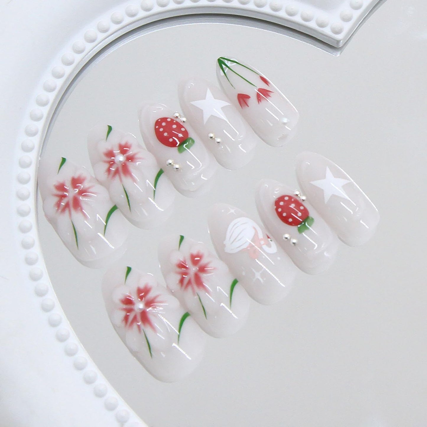 RUOKEXIN Almond Press on Nails Medium Fake Nails White False Nails with 3D Flowers Designs Spring Summer Nail Press ons Glossy Artificial Nails for Women 24Pcs
