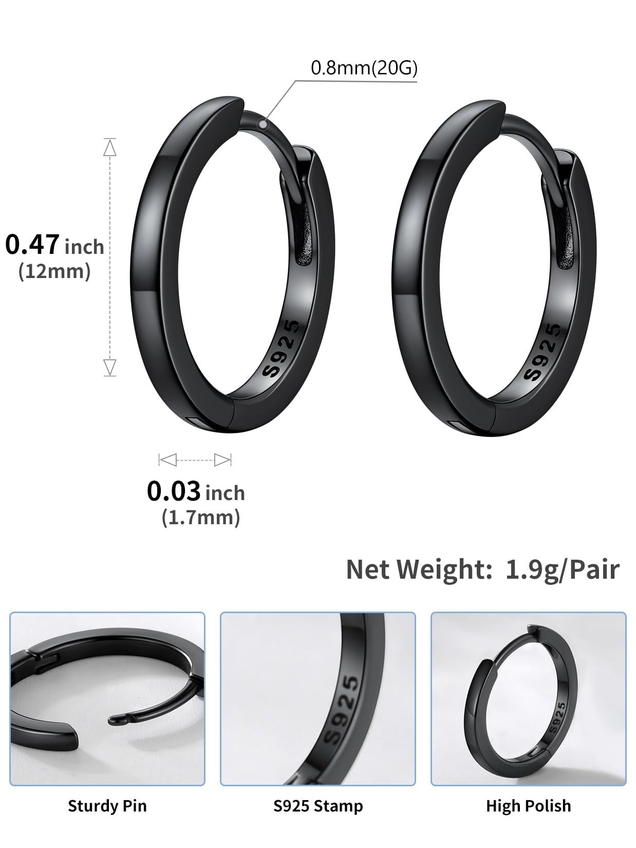 SILVERCUTE 925 Sterling Silver Huggie Hoop Earrings for Women,Hypoallergenic Black Small Hoop Earring Cartilage Earring Lightweight Huggies Earrings for Women,8/10/12mm