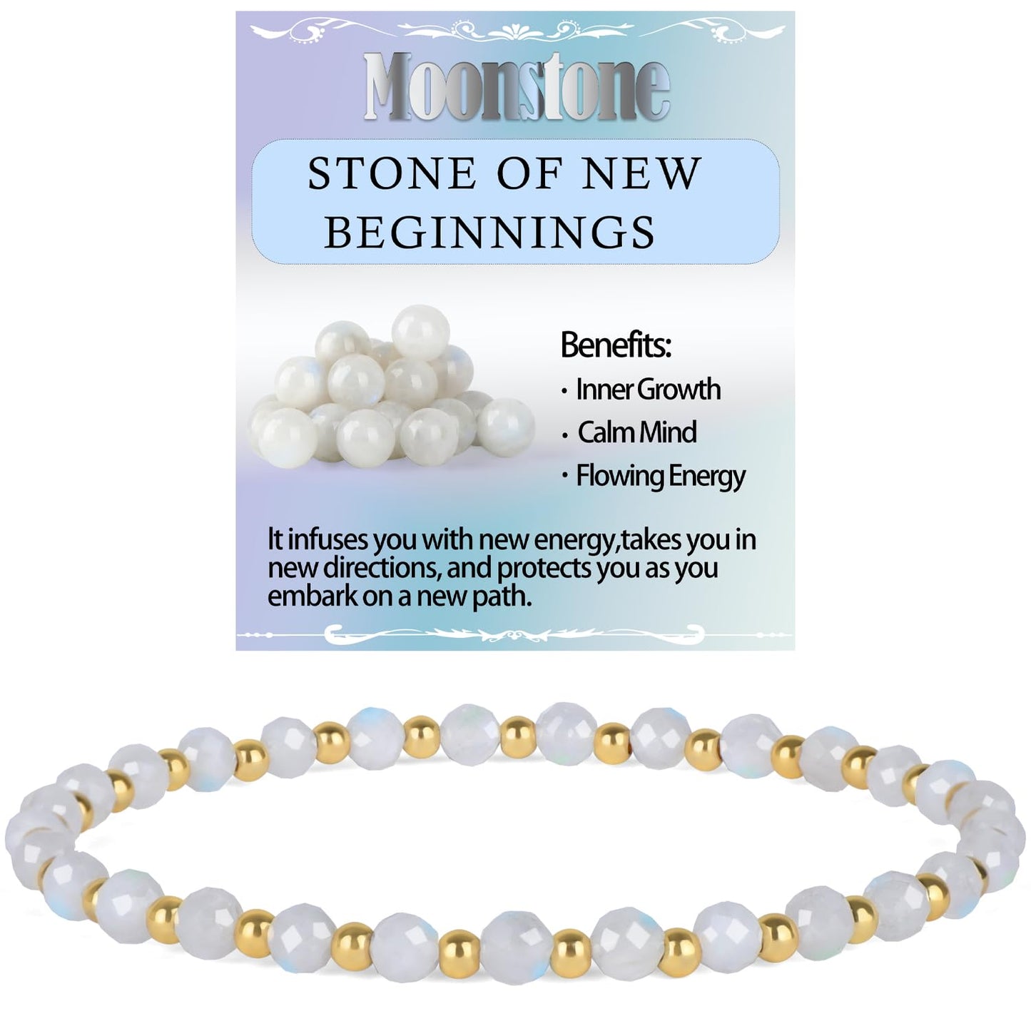QOGIR Moonstone - New Beginnings - 14K Gold Plated Beads Natural Gemstone Stretch Elastic Dainty Healing Beaded Bracelets Gifts 4mm