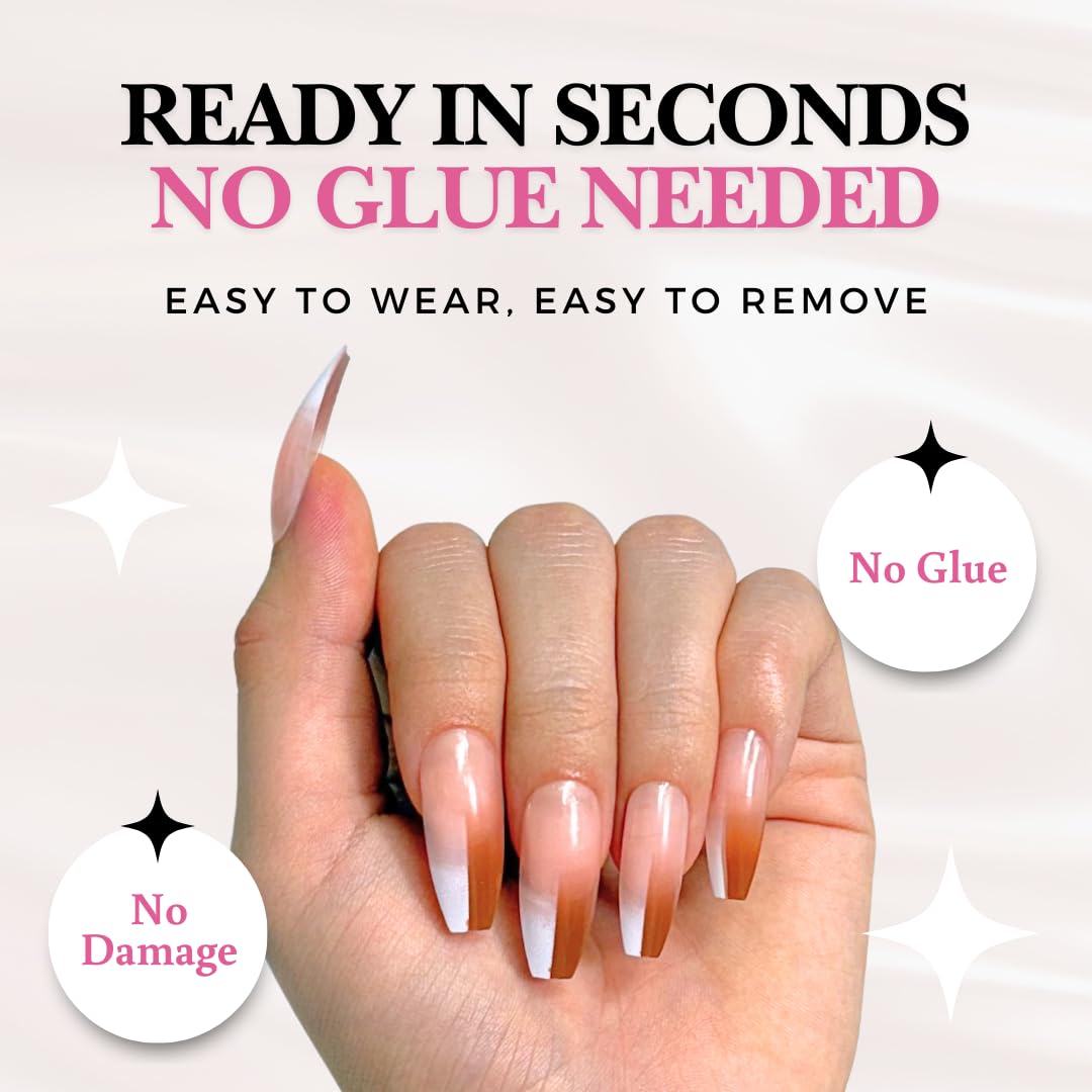 PerfectLook Press On Nails - Chic Glaze | No Glue One-Day Long Coffin Nails, Glossy Pink Swirl French Fake Nails - 24 Pcs Nail Kit with Adhesive Tabs