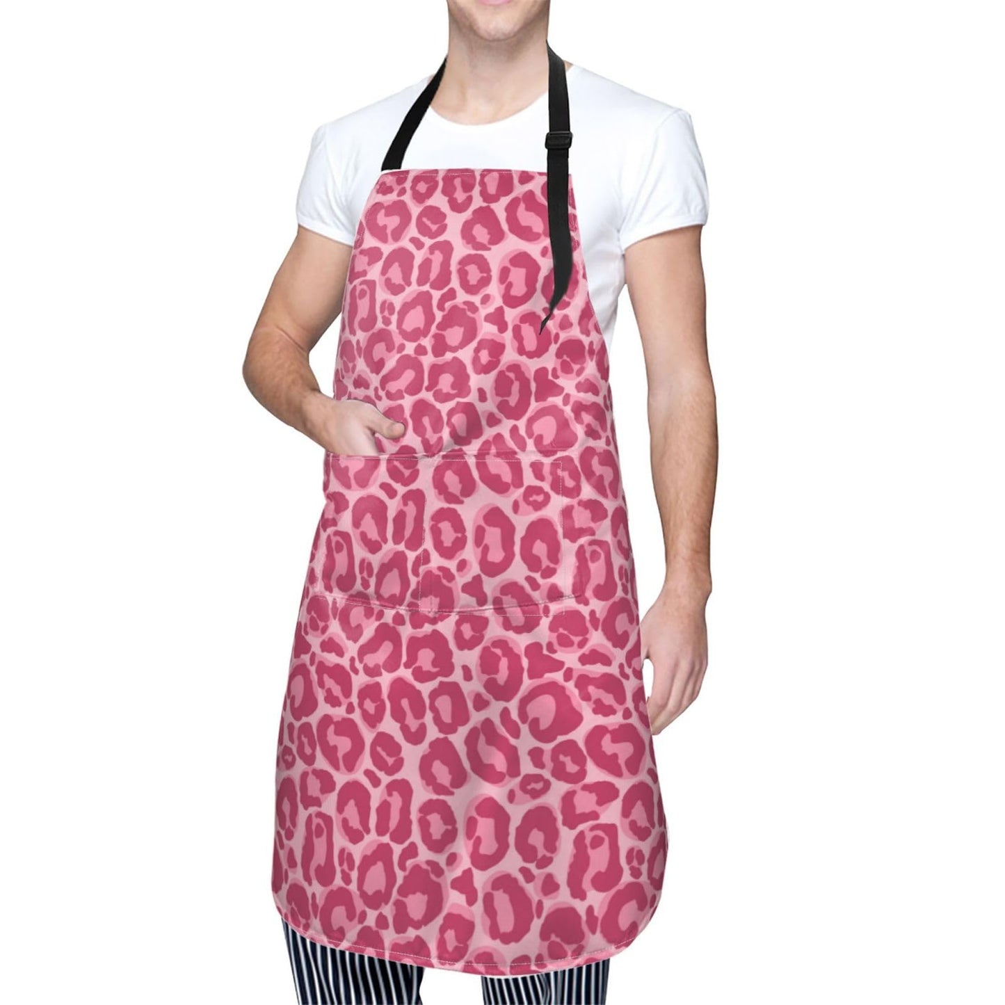 Perinsto Pink Leopard Animal Skin Waterproof Apron With 2 Pockets Kitchen Chef Aprons Bibs For Cooking Baking Painting Gardening Grooming