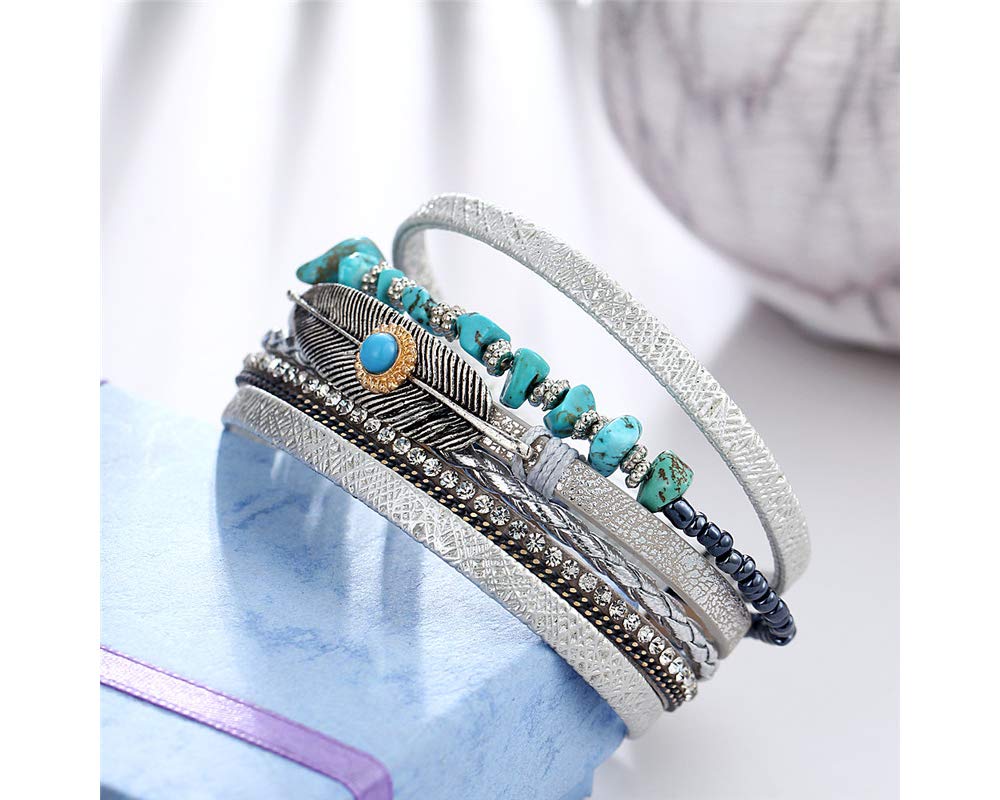Fesciory Leopard Bracelet for Women, Boho Leather Wrap Multi-Layer Pearl Crystal Bracelet Bangle Jewelry(Turquoise Feather)