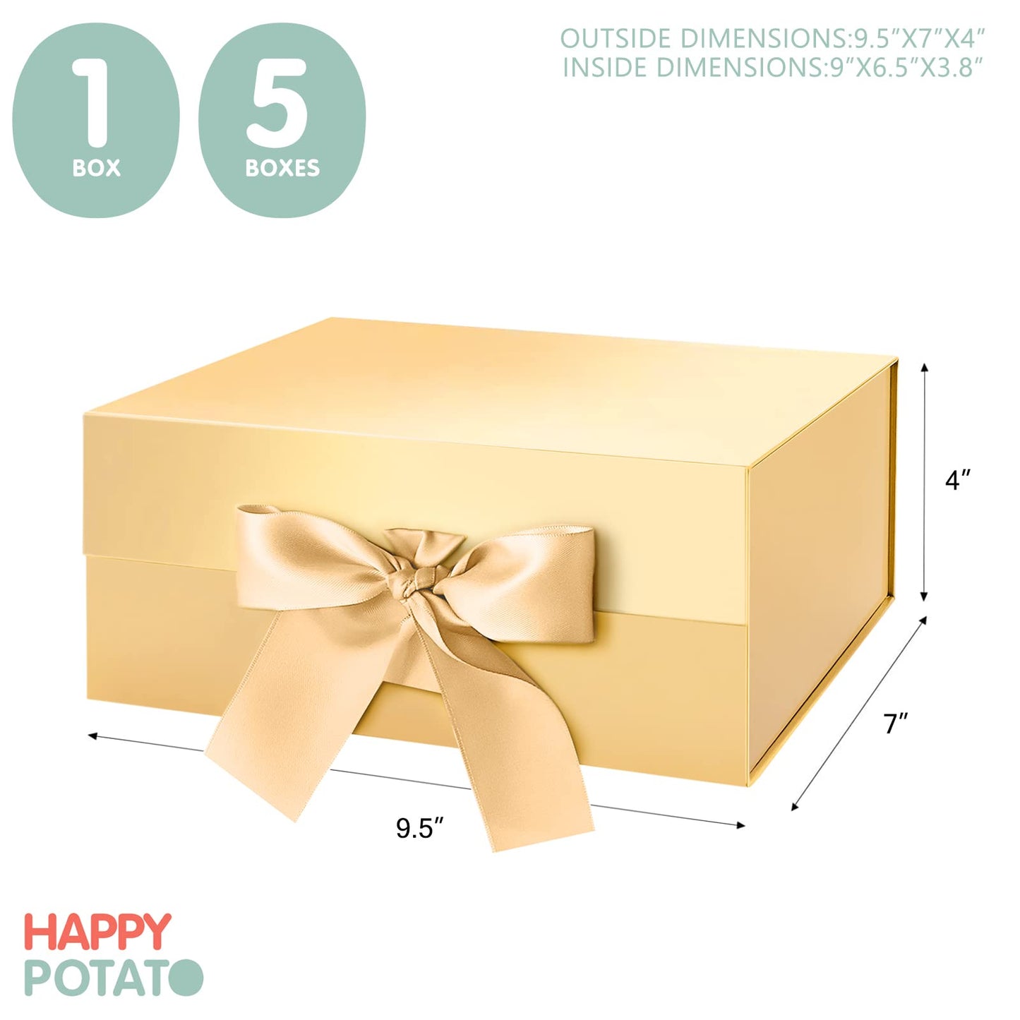 HAPPY POTATO 5 Gift Boxes with Ribbon 9x6.5x3.8 Inches, Gold Gift Boxes with Lids, Collapsible Boxes, Magnetic Closure Boxes for all occasion (Glossy Gold, Pack of 5)