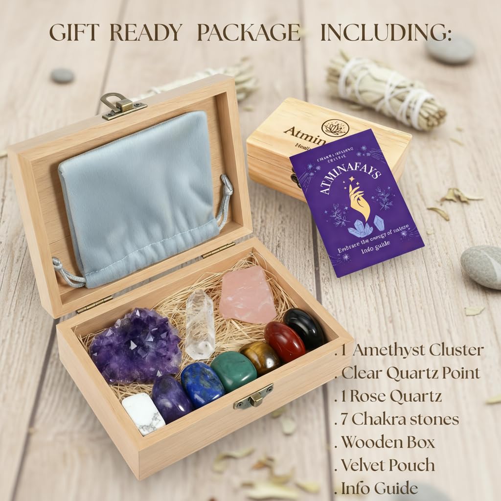 Atminafays Large Premium Crystals and Healing Stones in Wooden Gift Box + Velvet Pouch + 7 Chakra Tumbled Gemstones+Info Guide, Amethyst Cluster，Rose Quartz ，Quartz Crystal Point