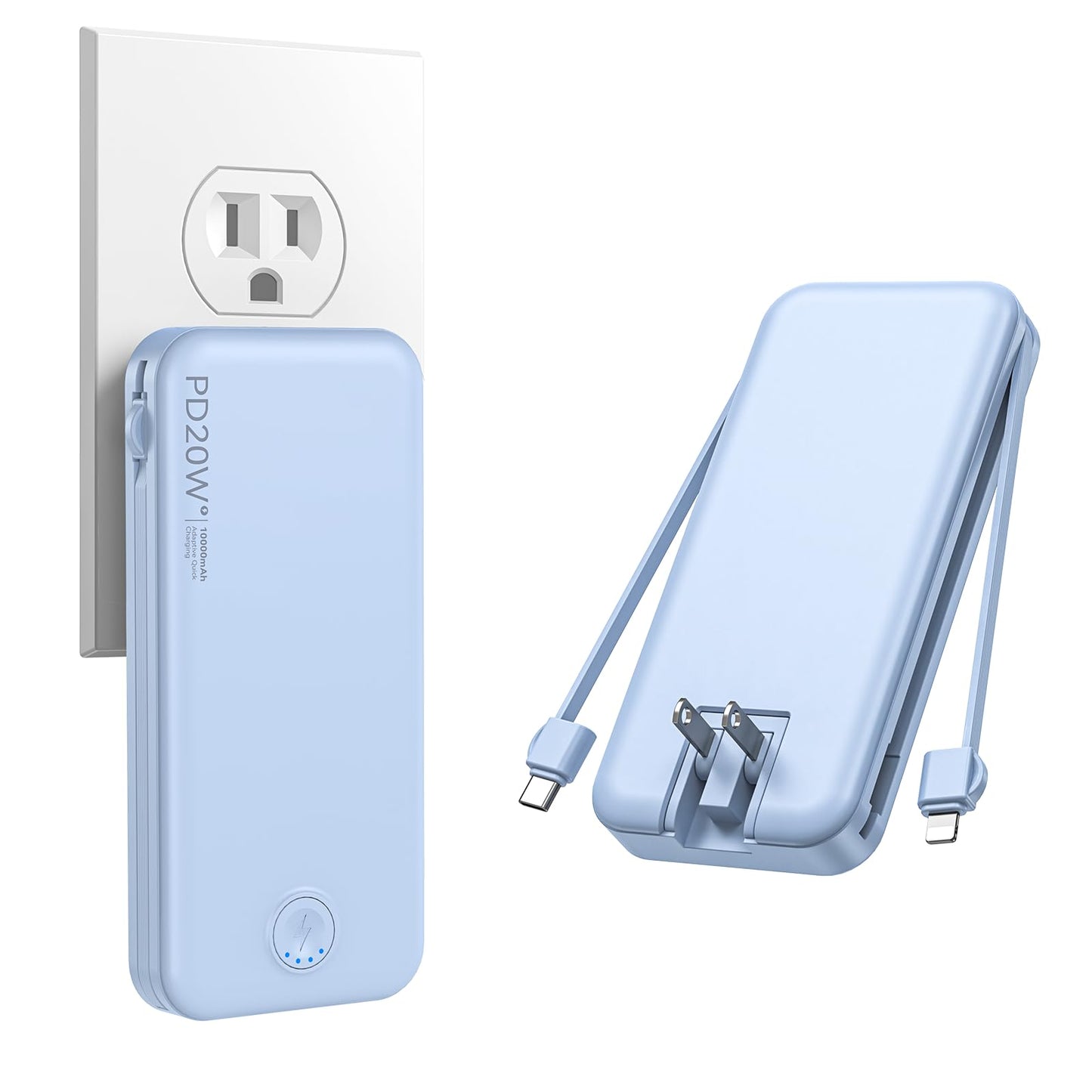 Nusyddy Portable Charger, 10000mAh PD20W Fast Charging Power Bank with Built-in Cables & Wall Plug, Travel Essentials External Battery Pack, USB C Battery Phone Charger for iPhone, Samsung Light Blue