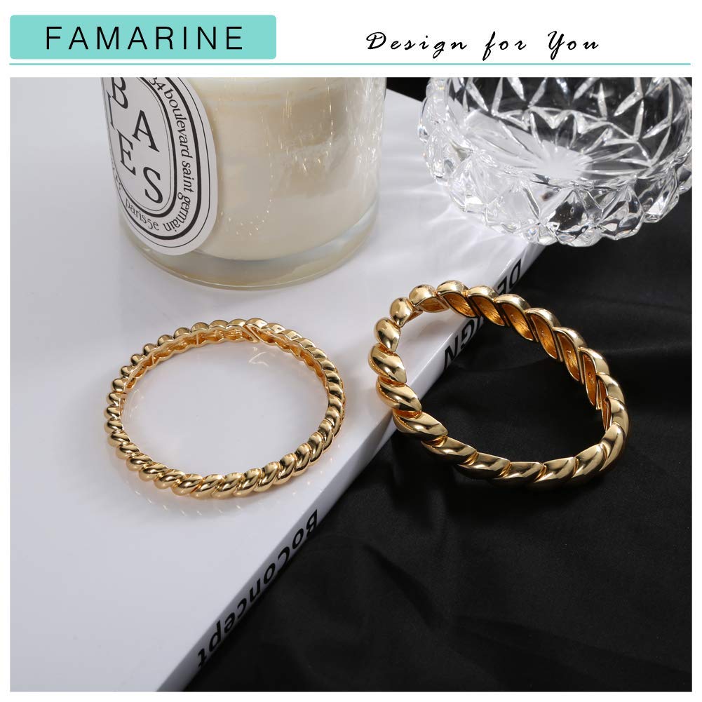 FAMARINE Twisted Thin Bangle for Women, Vintage Stretchable Elastic Bangle Couples Love Bracelets, 14K Gold Plated