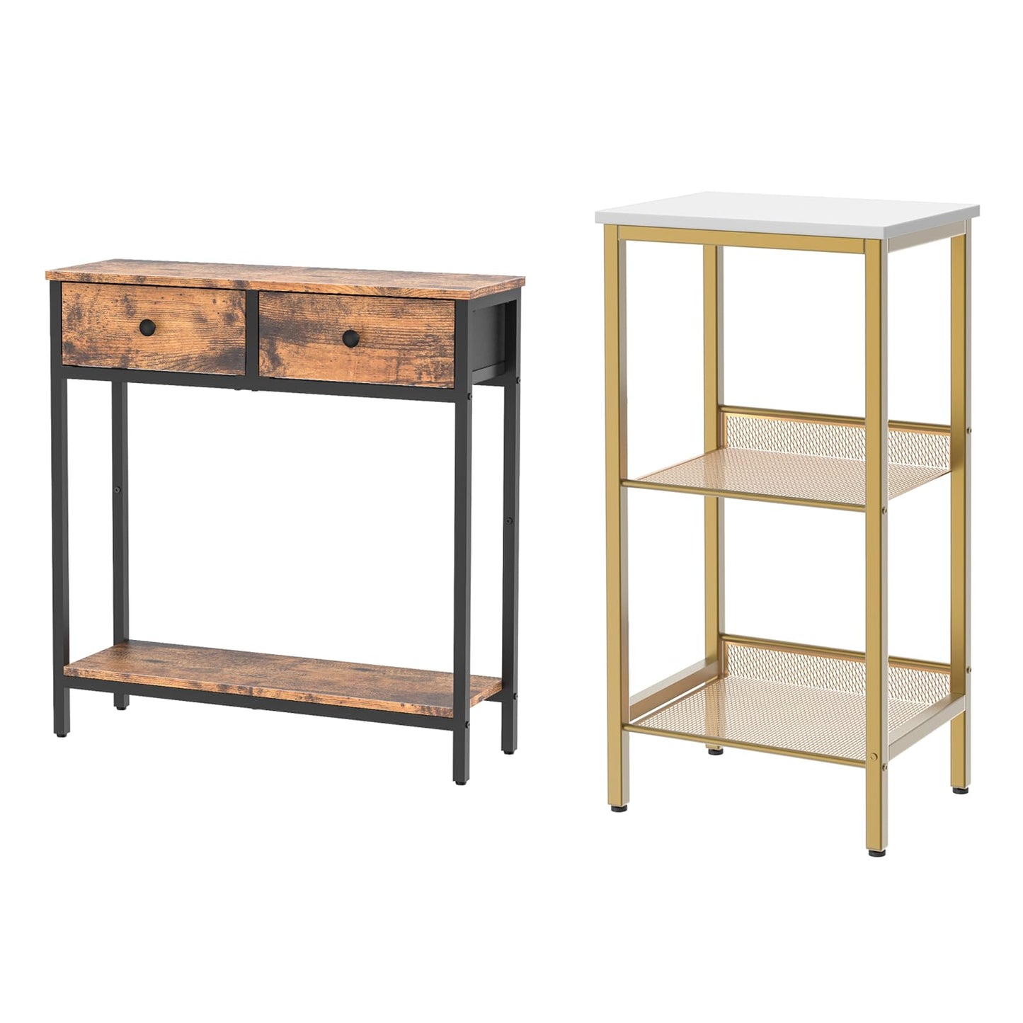 HOOBRO 29.5" Narrow Console Table with 2 Fabric Drawers and Tall Side Table 3-Tier Telephone End Table Bundle, BF71XG01-DW01DH01G1