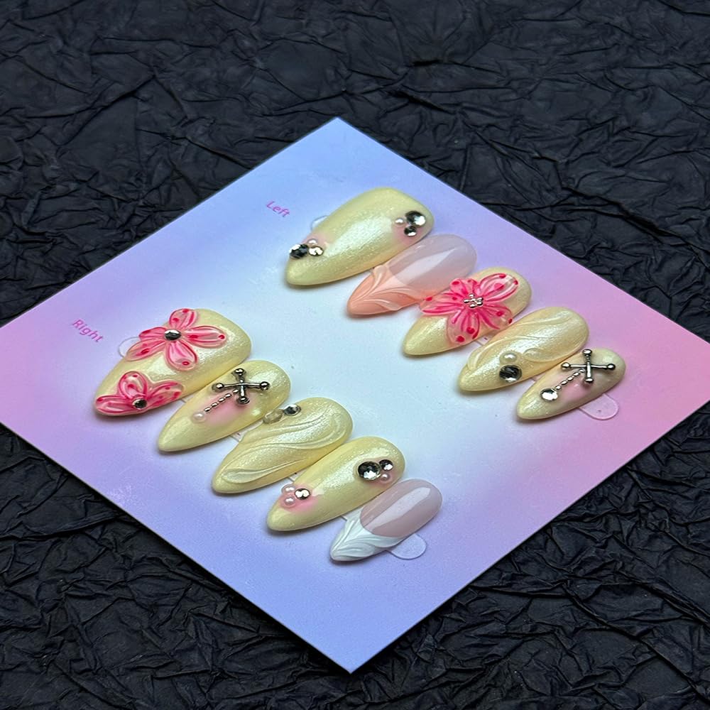 100% Handmade Press on Nails Medium Almond Handmade Nails with Rhinestone Pink Flower Charm Design Beige False Nails White French Tip Nail Press ons Spring Summer Fake Nails for Women Size L 10Pcs