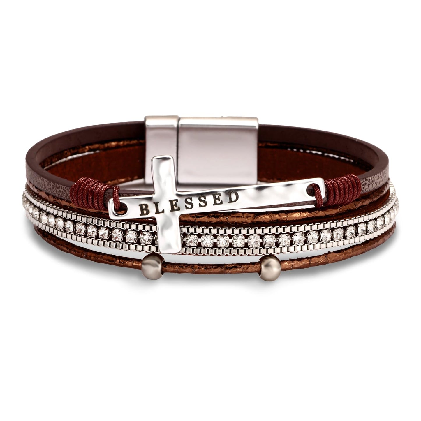 Leopard Bracelet for Women, Boho Leather Wrap Multi-Layer Pearl Crystal Bracelet Bangle Jewelry (Blessed Cross(Brown))