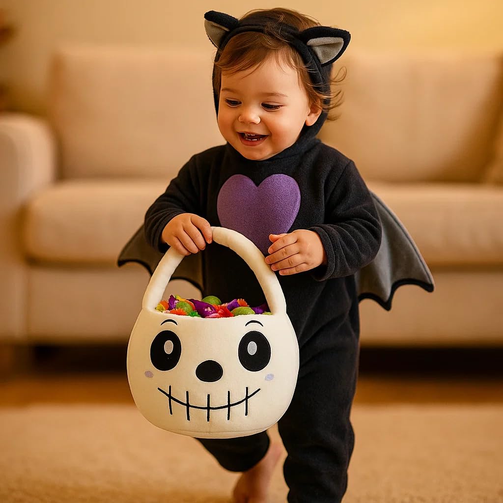 Ouksma Halloween Plush Treat Basket, Halloween Candy Basket, Trick-or-Treat Bag(White Skull)