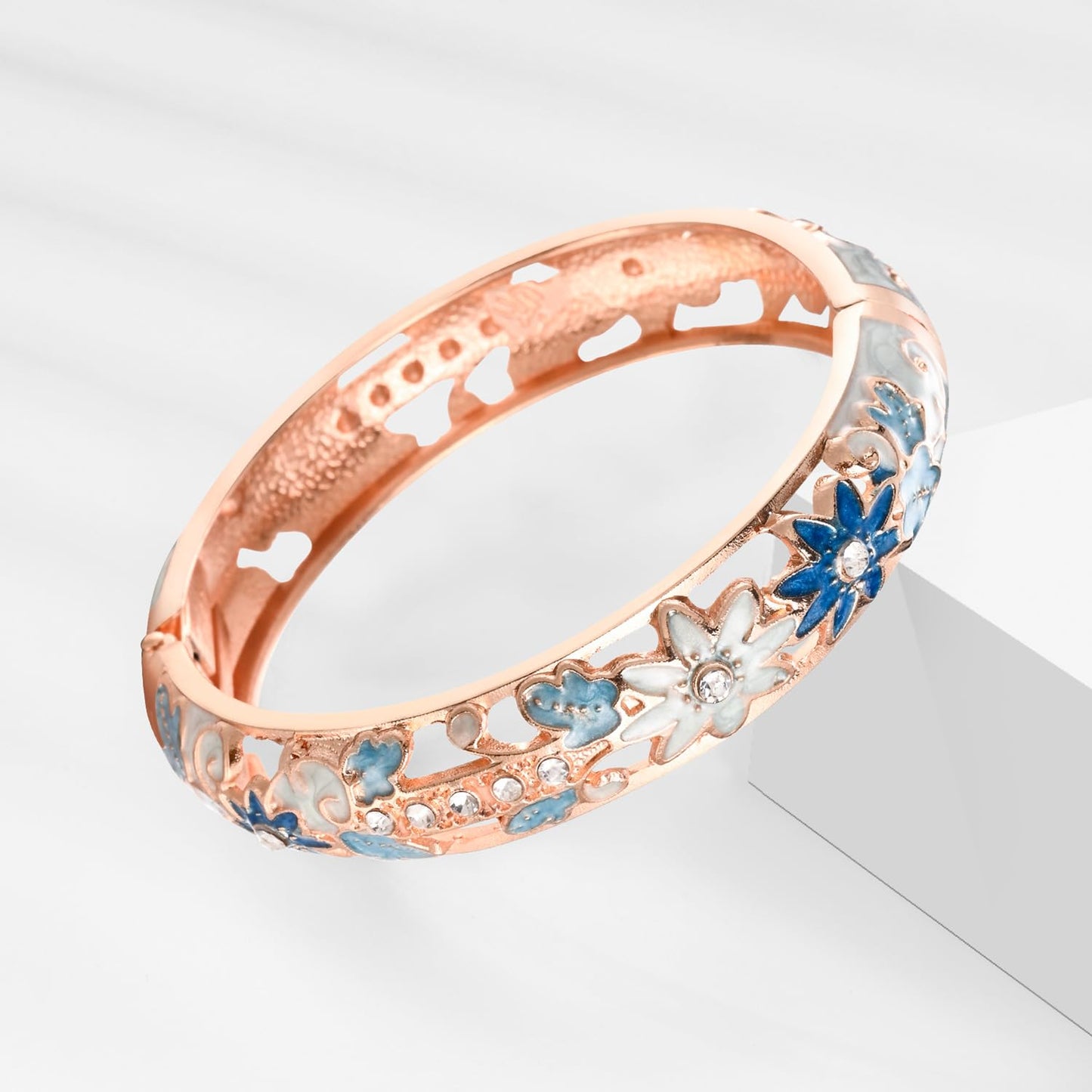wynameleri Vintage Jewelry Cloisonne Handcrafted Enameled Gorgeous Rhinestone Flower Hinged Cuff Bracelet Bangles Gifts 88C11-55A128 Light Blue