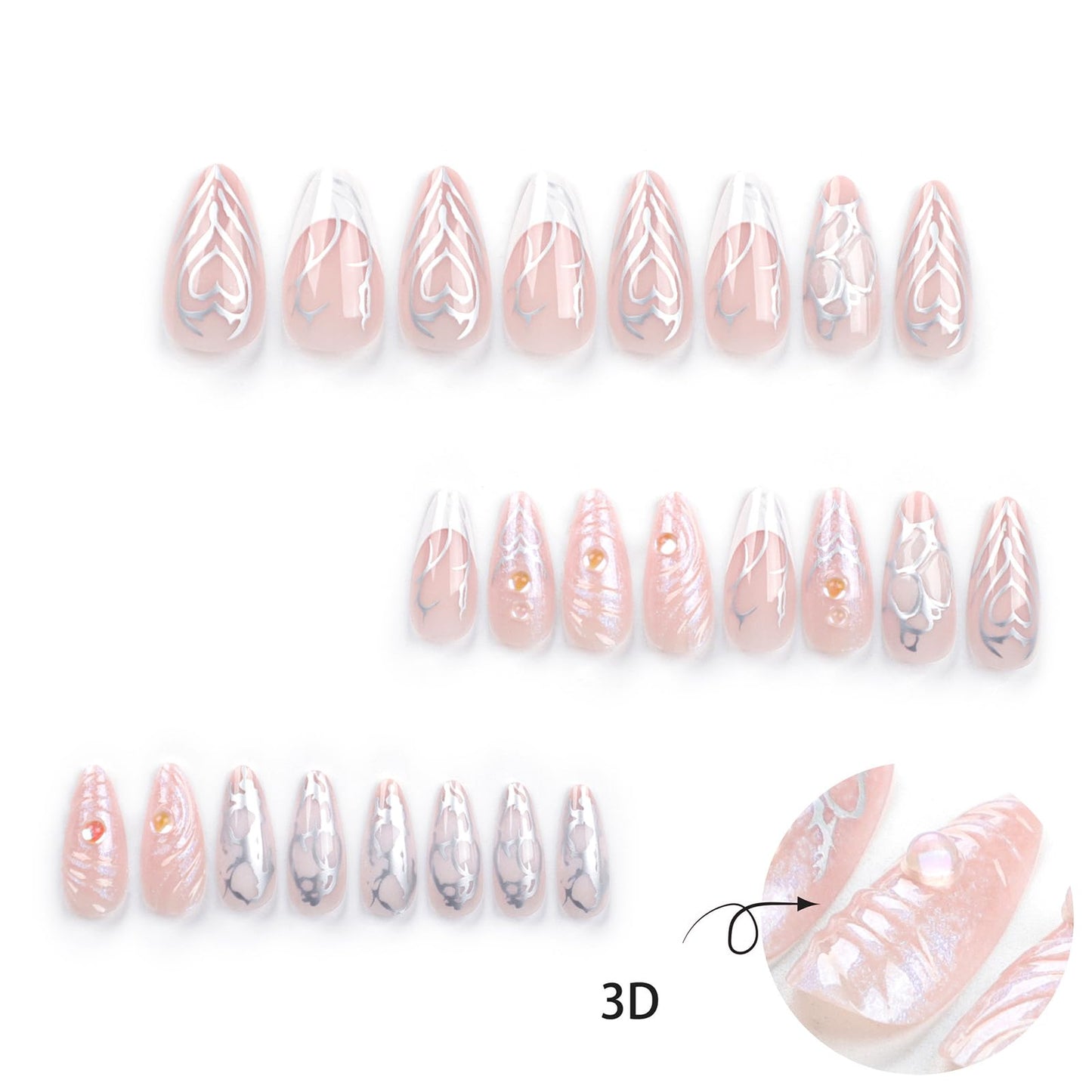 Pink Press on Nails Medium Almond Fake Nails Press ons with Design Charms French False Nails Silver Glue on Nails Cute Glossy Full Cover Acrylic Stick on Nails for Women Manicure 24Pcs