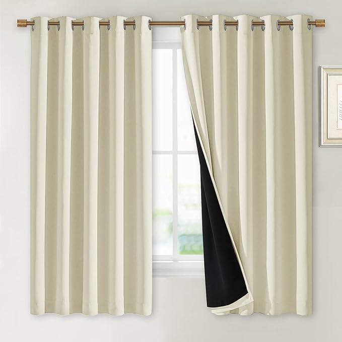 NICETOWN Living Room Completely Shaded Draperies, Privacy Protection & Noise Reducing Ring Top Drapes, Black Lined Insulated Window Treatment Curtain Panels (Beige, 2 Pieces, W70 x L63)