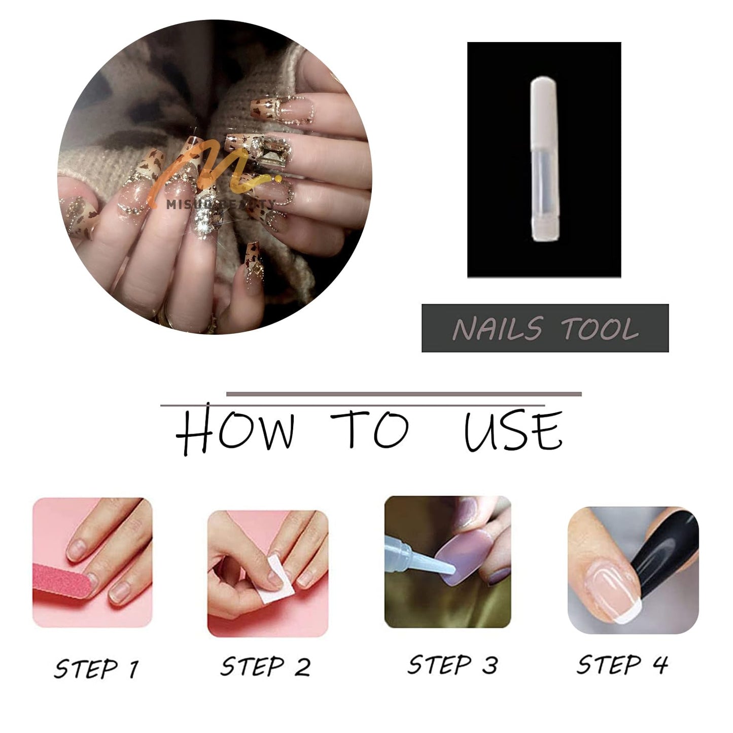 MISUD Press on Nails - Long Coffin Fake Nails with Fall Brown Cheetah, Acrylic Rhinestone Design 24 pcs