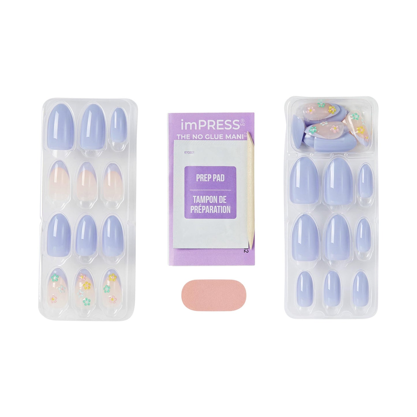 Kiss Impress No Glue Mani Press On Nails, Design, 'Pastel Bloom', Multicolor, Medium Size, Almond Shape, Includes 30 Nails, 1 Mini File, 1 Prep Pad, 1 Manicure Stick, Instruction Sheet