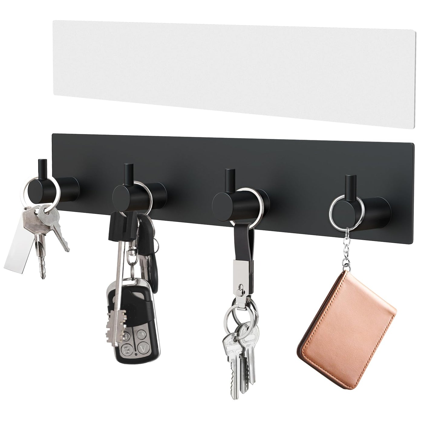 VIS'V Key Holder Wall Mount, Large Metal Self Adhesive Key Hanger with 4 Hooks, No Drilling, Extra Adhesive Strip, Black