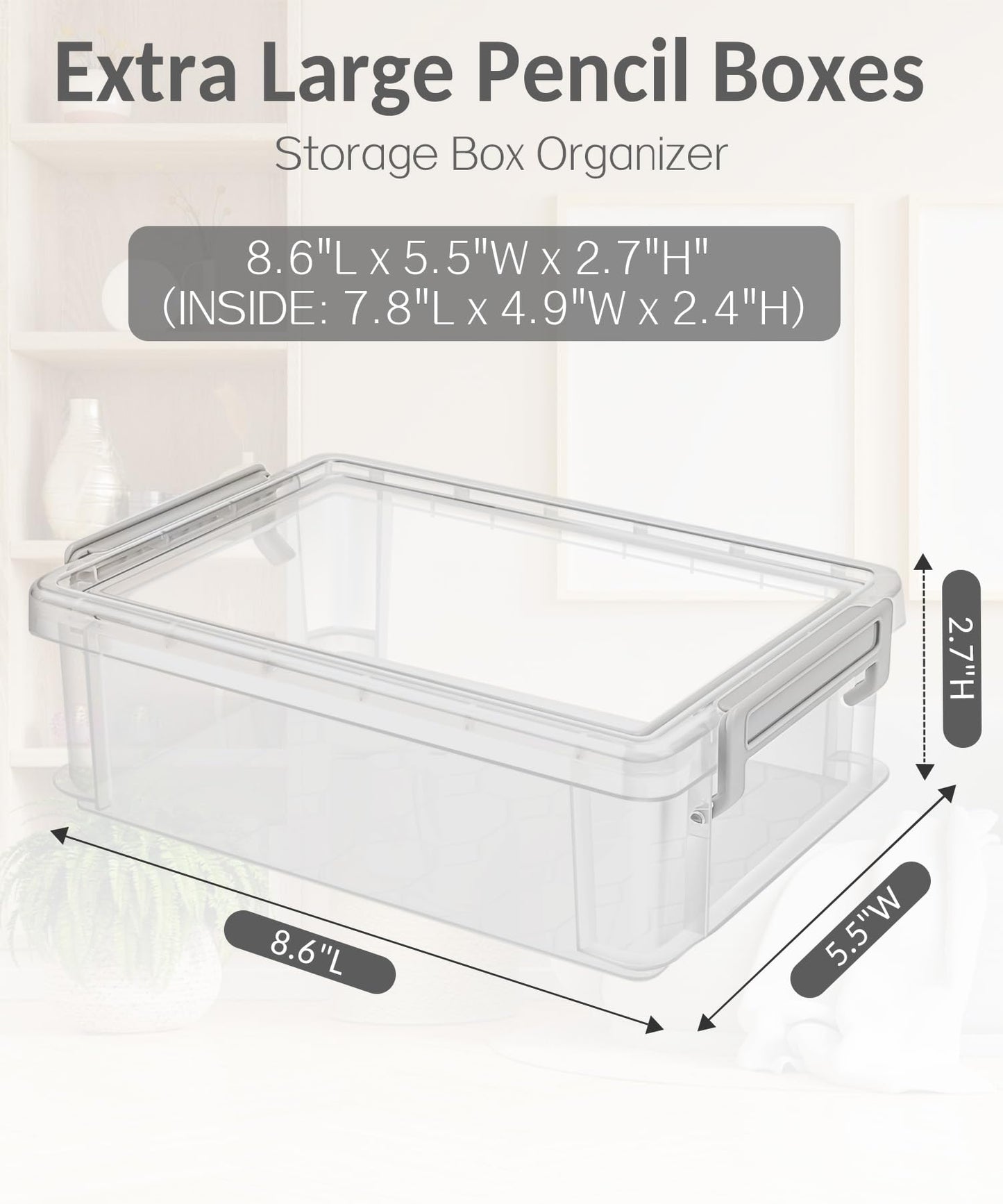 Sooez 6 Pack Extra Large Pencil Box, Plastic Pencil Case Crayon Box, Clear Marker Organizer Plastic Containers with Lid, Stackable Storage Boxes for Art Craft,Pen,Back to School Teacher Supplies, Grey