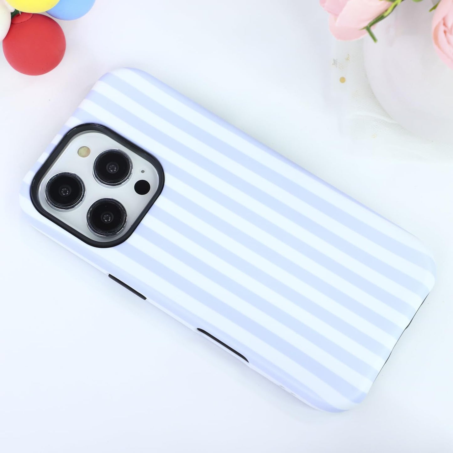 flewfun Magnetic for iPhone 16 Pro Max Case Cute Stripes Phone Case, Shockproof Slim TPU and Hard PC Protective Phone Cover Compatible with MagSafe Designed for Women Girls, Blue and White
