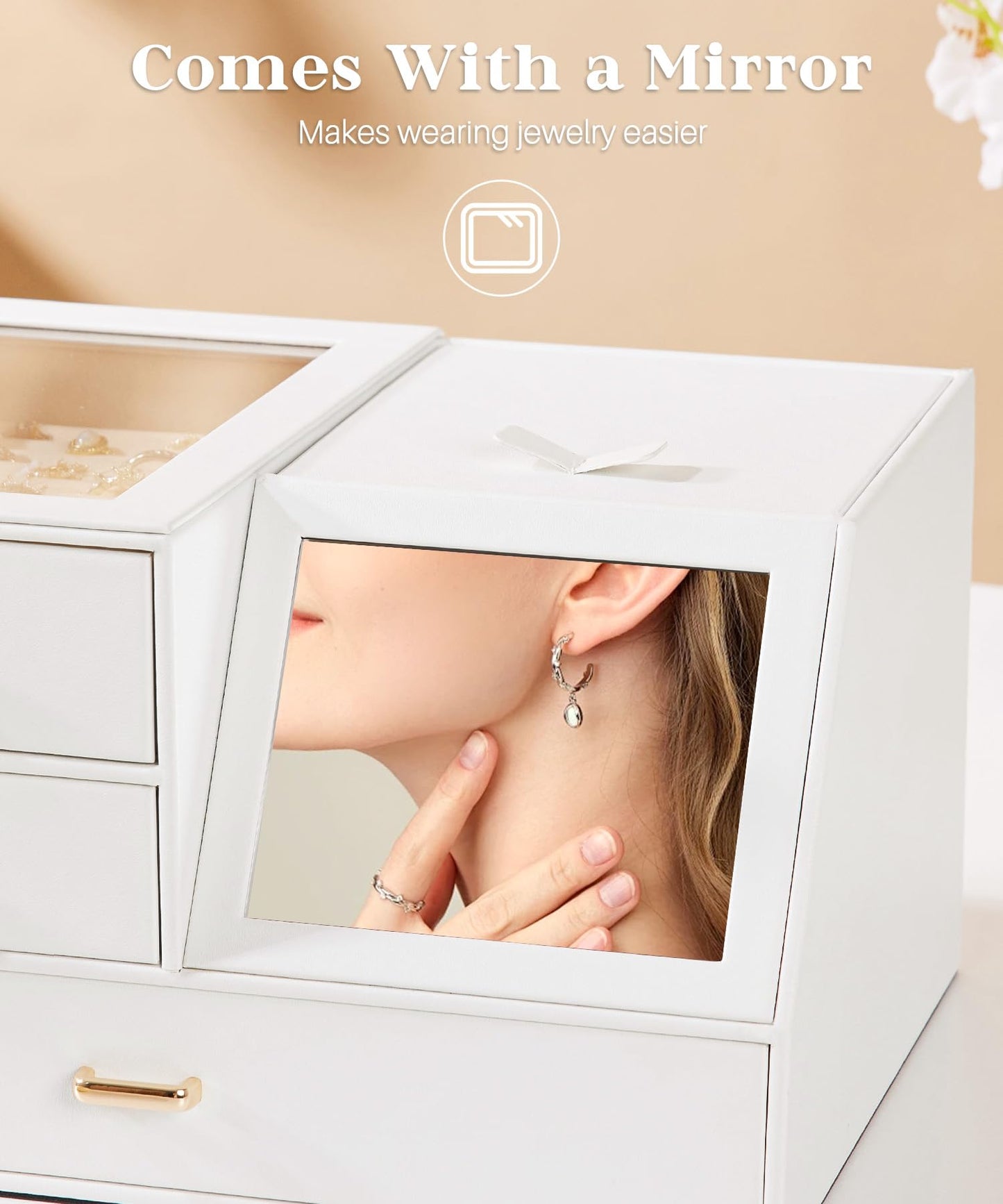 Homde Women Mirror Jewelry Box: Organizer Case with Clear Lid for Ring Necklace Earring - Gift for Young Women (White)