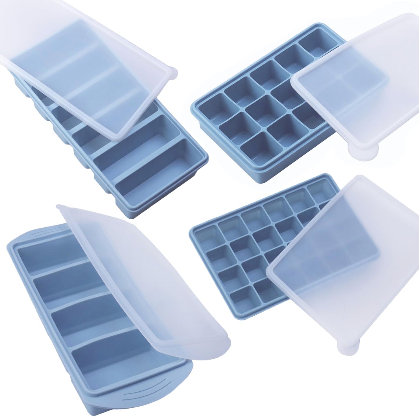 Silicone Freezer Molds Gift Set with 1 Tbsp,2 Tbsp, 1/2, and 1 Cup Silicone Freezer Trays With Lids - Meal Prep and Kitchen Essentials Bundle (Blue 4 Pack)