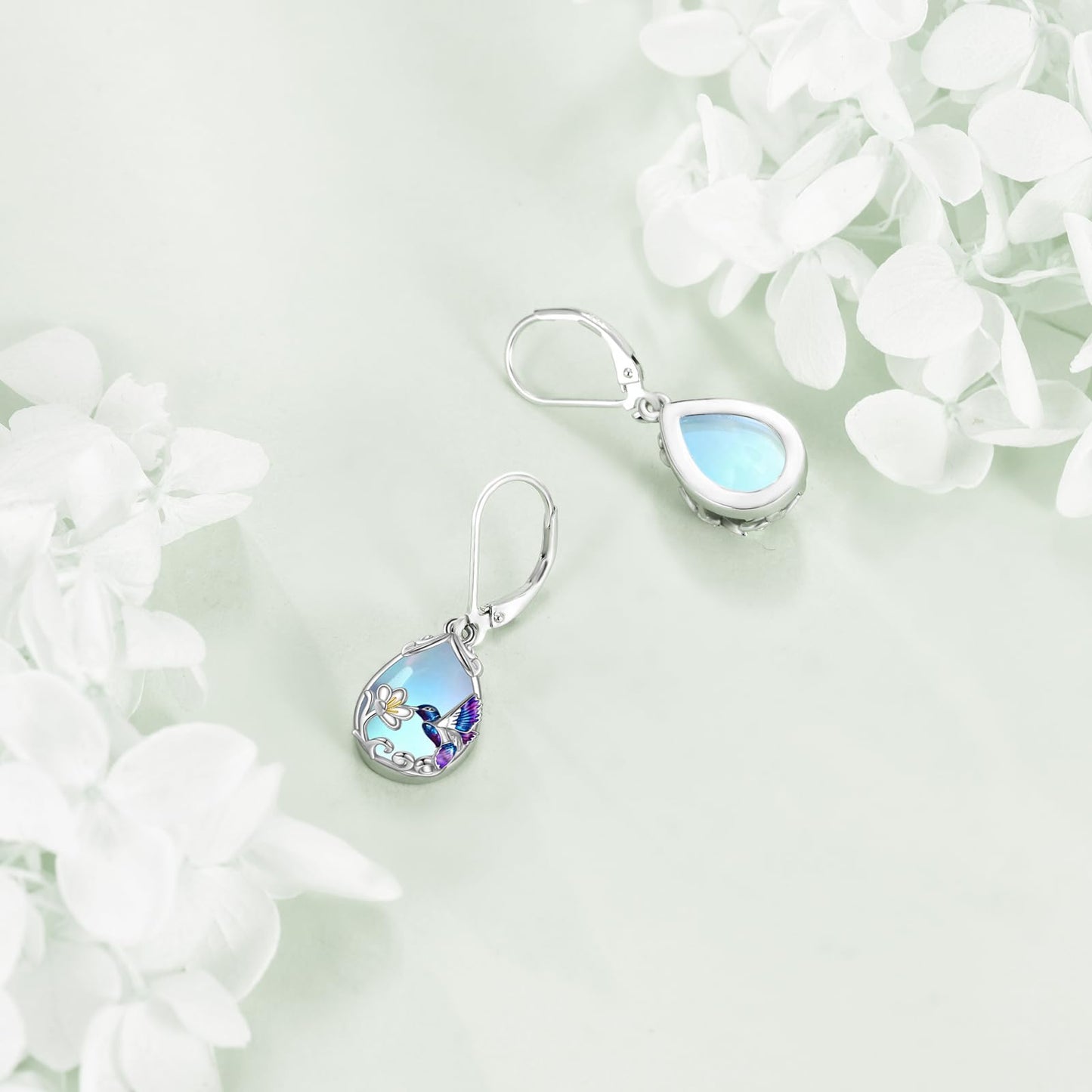 YFN Hummingbird Flower Dangle Earrings with Blue Enamel and Purple Moonstone Earrings, 925 Sterling Silver
