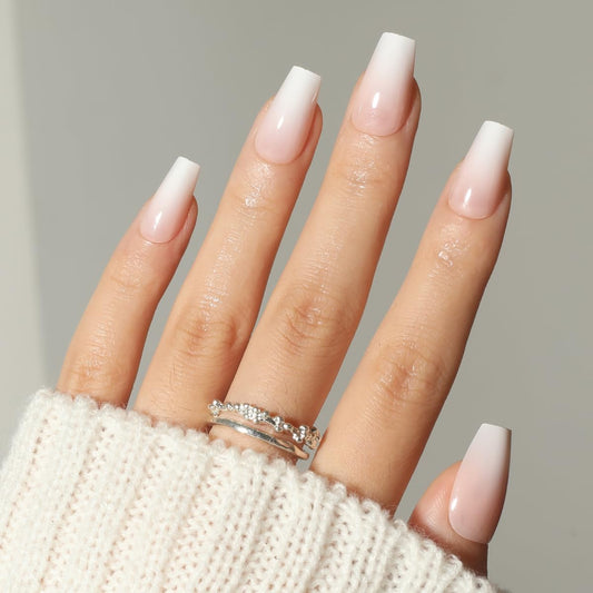 Ellie Vincy Press-On Nails – Milky Ombre Square Shape | Glossy Gradient Finish | Reusable & Durable | 30-Piece Nail Kit with Glue & Sticky Tabs | 15 Sizes for a Perfect Fit