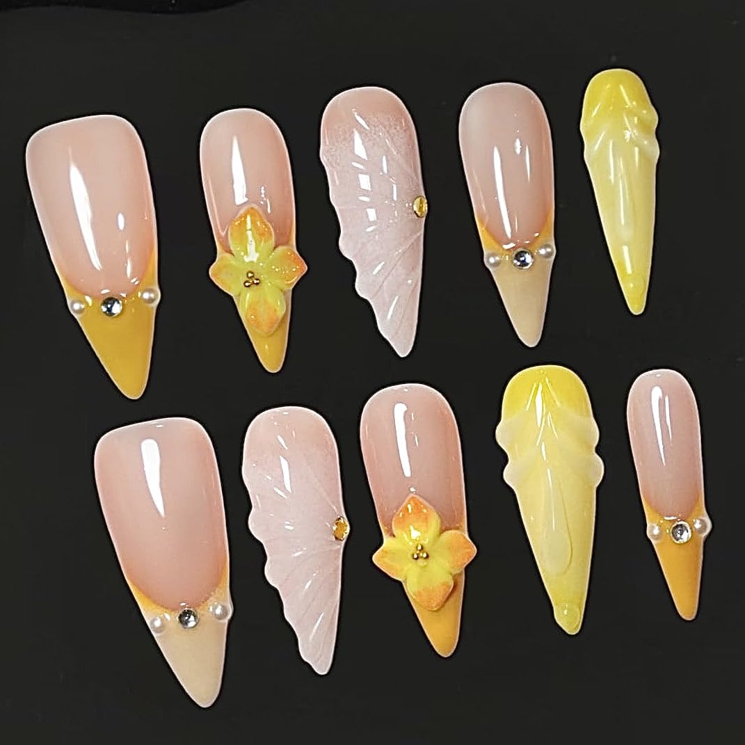 GREENTEA Handmade Press-On Nails, Yellow French Tips with Floral Design, Nude Base, Stiletto Shape, Size-M