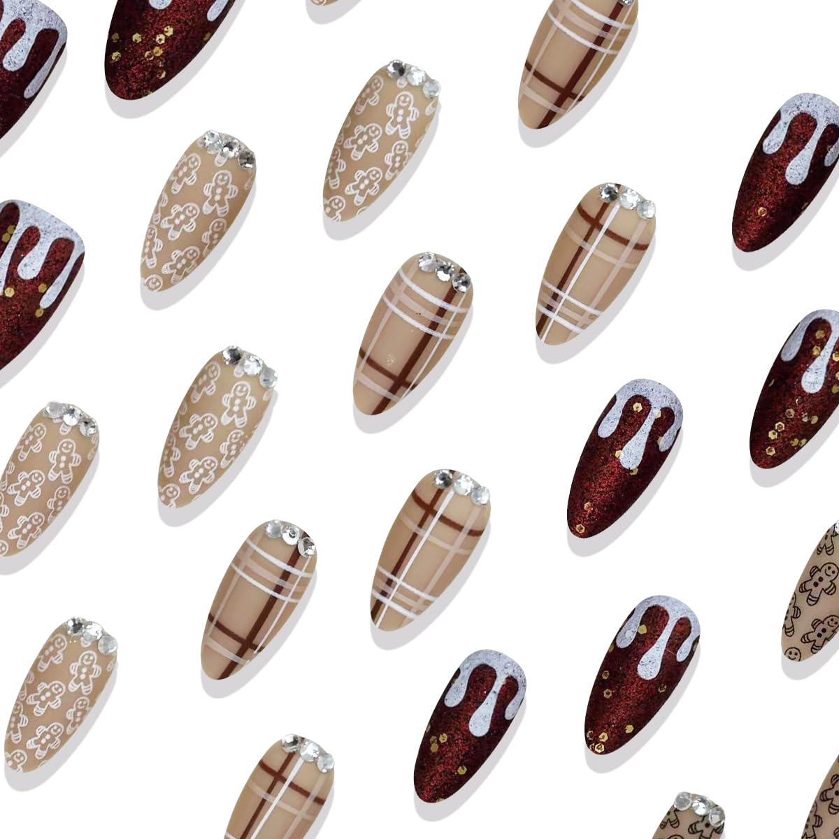30Pcs Christmas Press on Nails Medium Almond Fake Nails with Rhinestone & Stripe Designs Full Cover Reusable Acrylic Nails Brown Gingerbread Man Xmas False Nails for Women