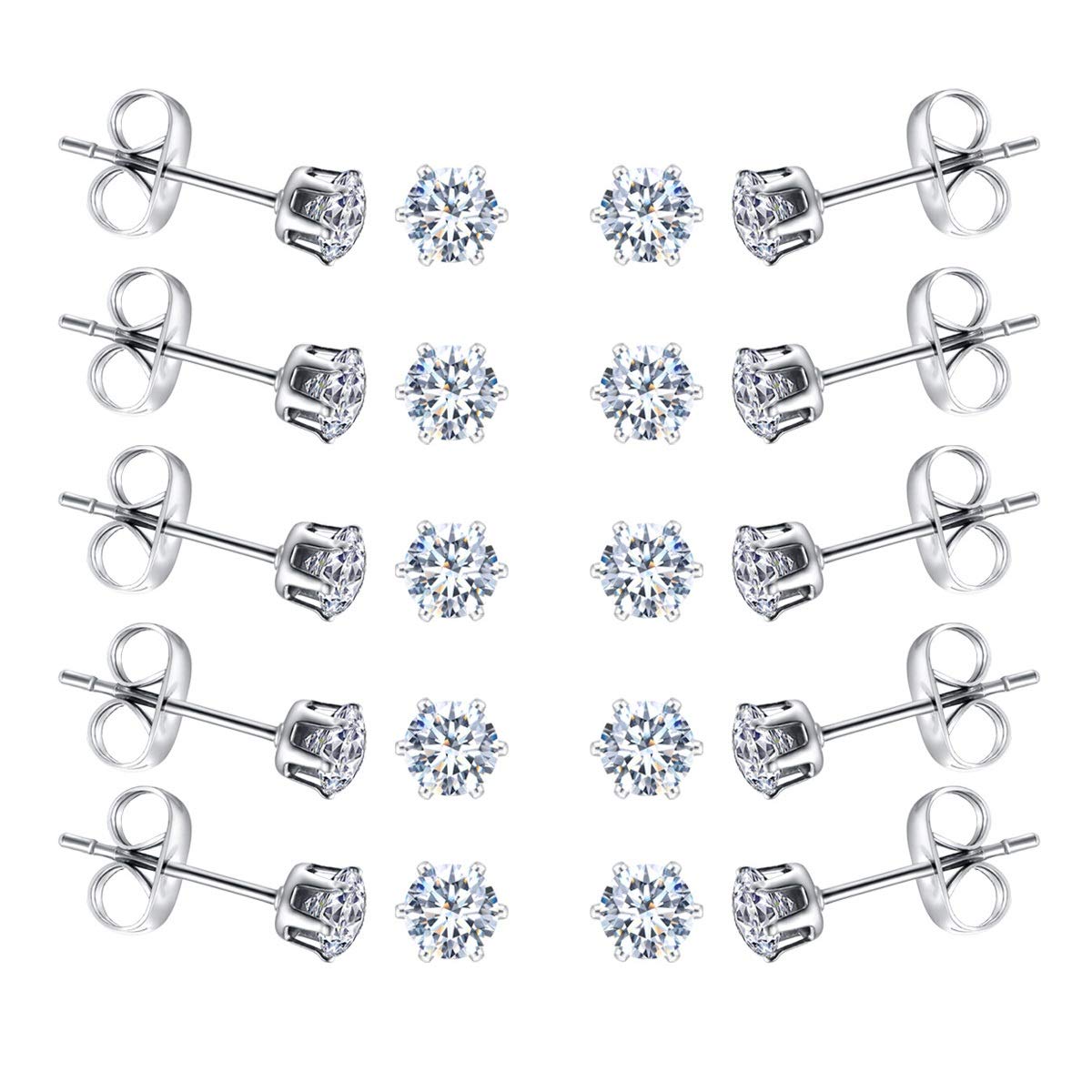 FOSIR 10 Pairs 4mm Tiny Women's Surgical Stainless Steel Clear Cubic Zirconia Stud Earrings, Hypoallergenic 316L Earrings Pack