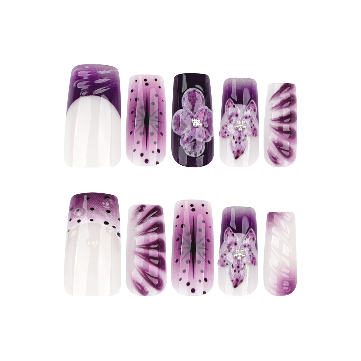 MISUD Press on Nails - Long Square Fake Nails with Purple French Tip, Acrylic Handmade 3D Gel Flower Design 24 pcs
