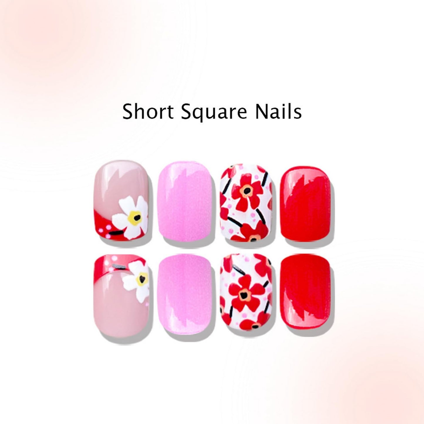 24pcs Short Square Press on Nail Flower Fake Nails Pink Red Press ones with deisgns Acrylic False Nails French Tip Stick on Nail Glossy Cute Glue on Nails for Women Spring Summer