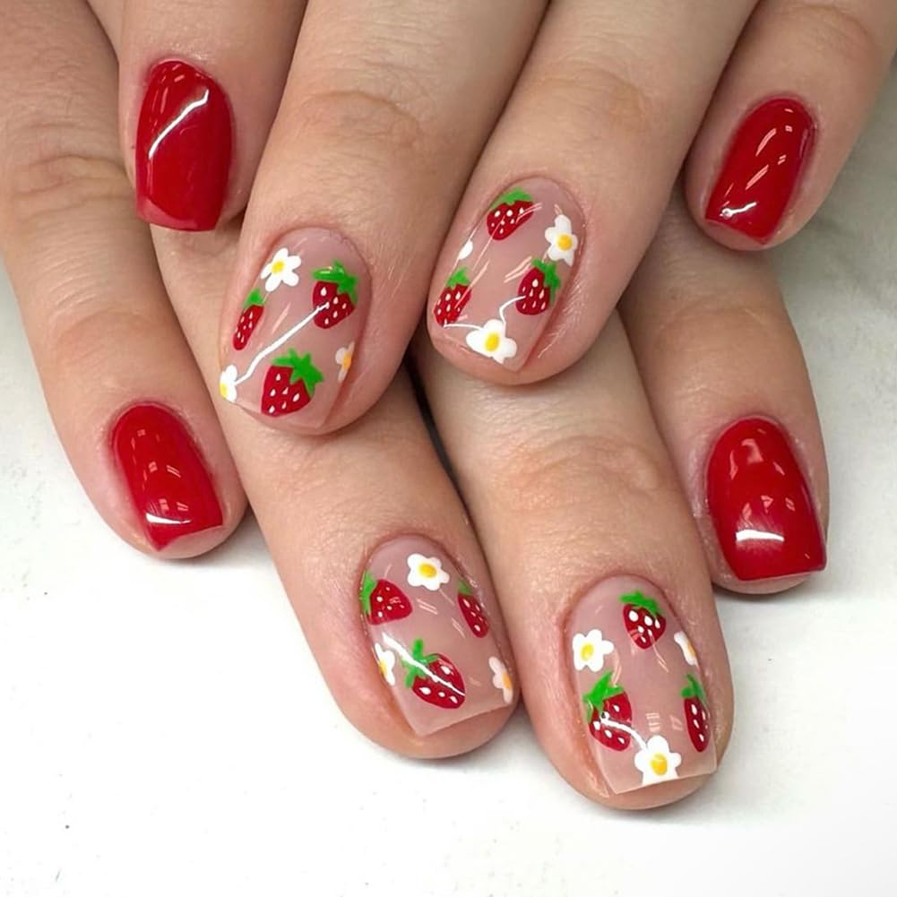 RUPOFUZA Press on Nails Square Short Red Fake False Nails with Lovely White Flowers and Strawberries Design Acrylic Artificial Nail Extra Short Glue on Nail for Women Girls 24Pcs