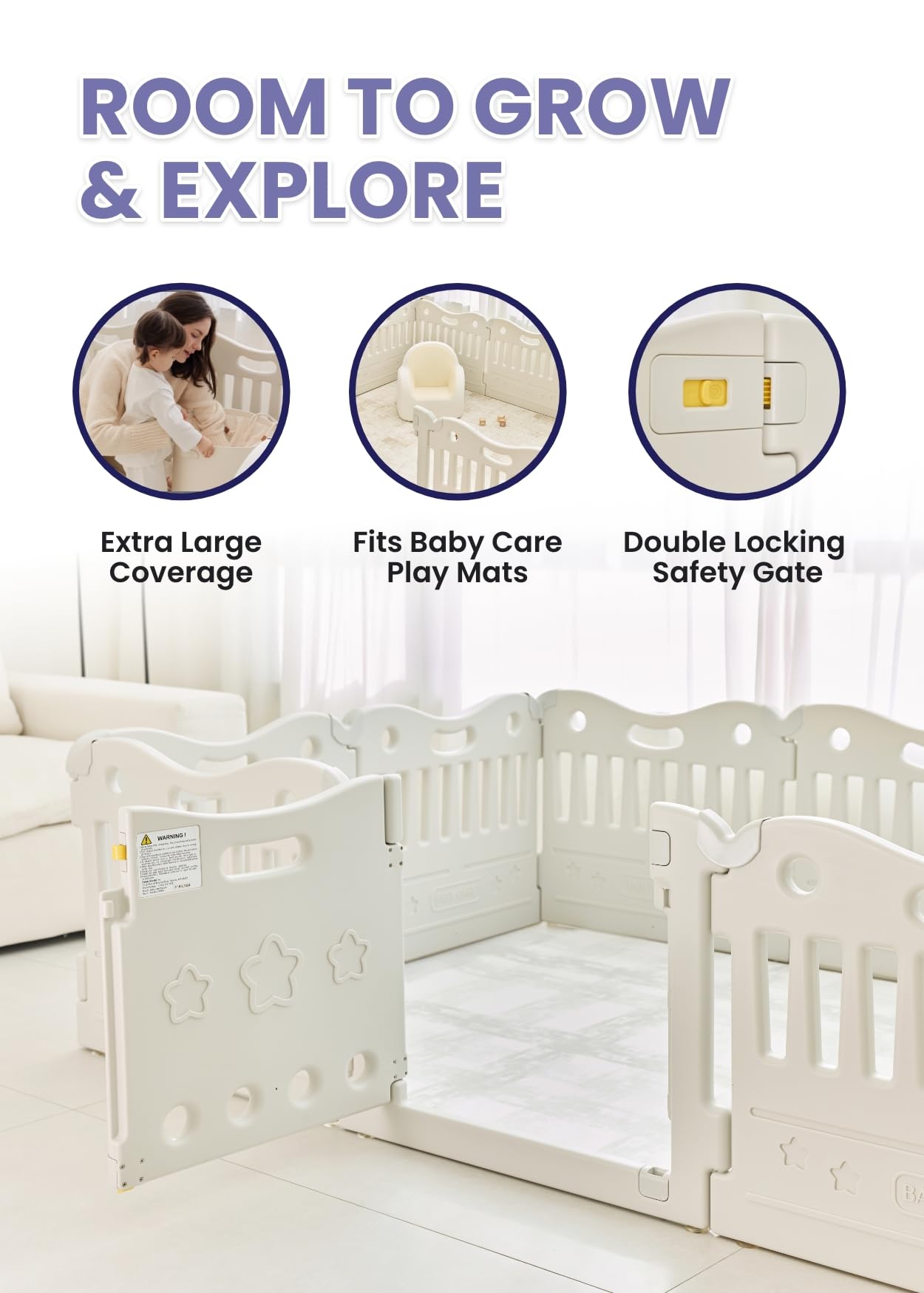 Baby Care Play Mat Funzone Play Pen - Extra Large Baby Play Yard - Play Pen for Baby - Safe with Double Locking (Fog Grey, Full Set)