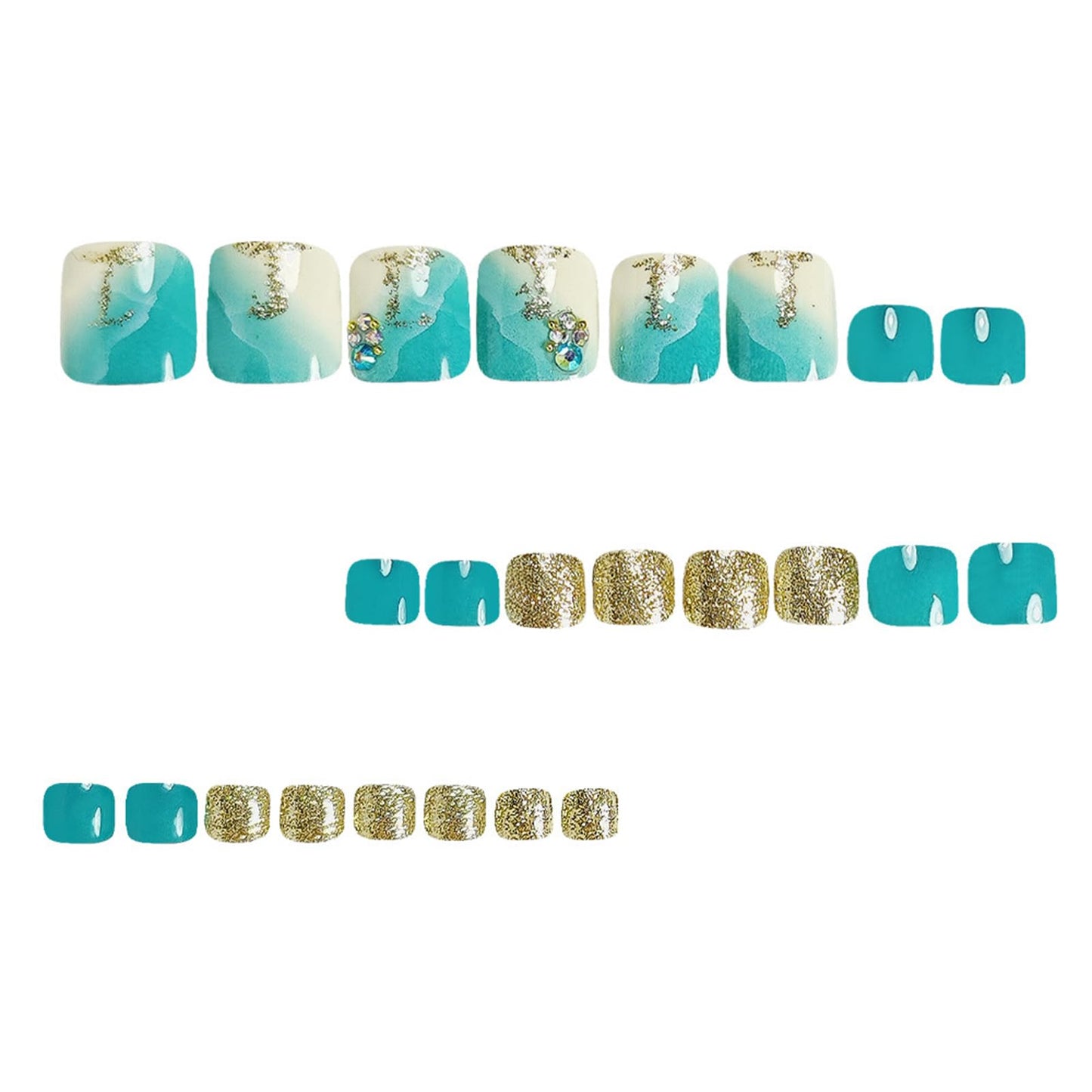 IMRAIN Press on Toenails Short Square Fake Toenails Blue White Toenail Press ons Cute Summer False Toe Nails with Sea Wave Designs Glossy Golden Glitter Glue on Toe Nails for Women 24Pcs