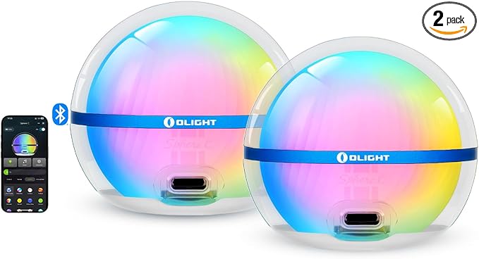 OLIGHT Sphere C 2-Pack Smart Night Light, USB-C Rechargeable, 75 Lumens Stepless Dimming, App Control Ambient Lighting, Portable for Parties, Camping, Reading or Bedrooms (Type-C Cable Excluded)