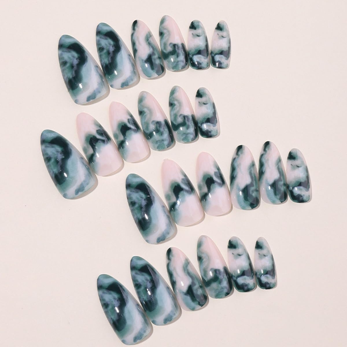 CTTHNBD Press On Almond Medium Green False Nails with Gradient Marble Design - Glossy Acrylic Full Cover Glue on Nails - 24 Pcs