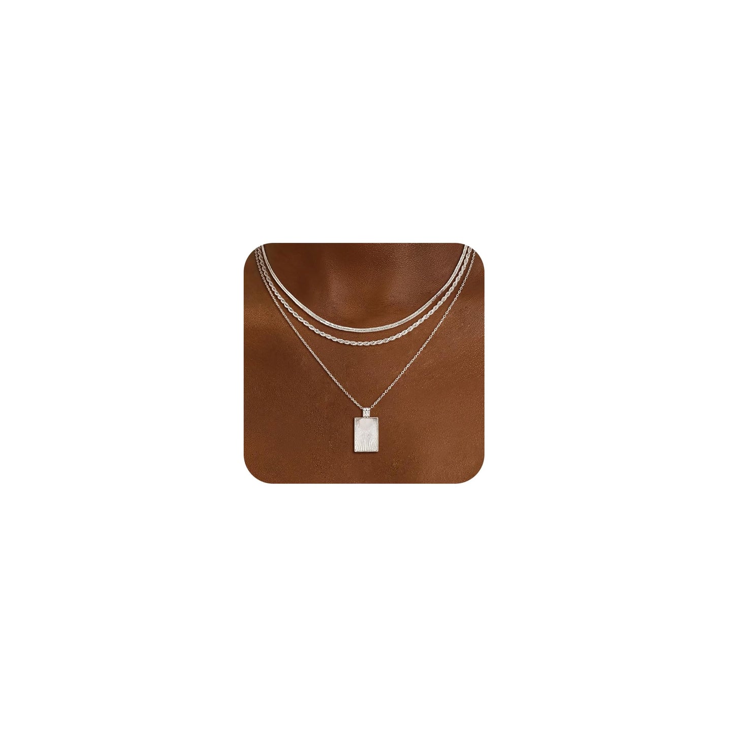 CHESKY Layered Silver Necklaces for Women Trendy, Dainty Silver Plated Stackable Charm Necklaces for Womens Square Pendant Necklaces Silver Jewelry Set for Women Gifts