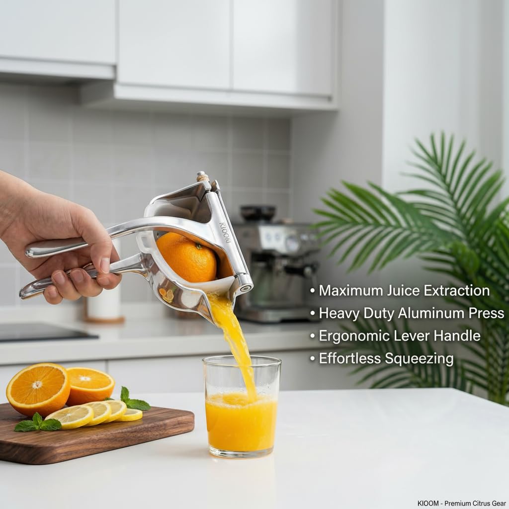 KIOOM Manual Juicer Hand Press – Handheld Fruit Juicer Squeezer for Orange, Lemon, Lime & Citrus – Heavy Duty Metal Juice Squeezer with Non-Slip Base