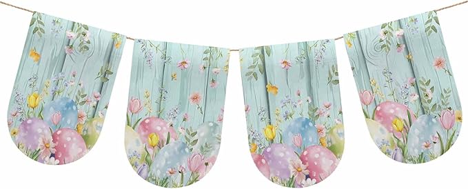 Easter Eggs Banner 4Pcs Indoor Outdoor Hanging Banner Flag Spring Daisy Eucalyptus Leaves Teal Wooden Sign for Fireplace Mantel Decorative Bunting Garland Valance for Shop Door Mantle Decor 7.9"x11.8"
